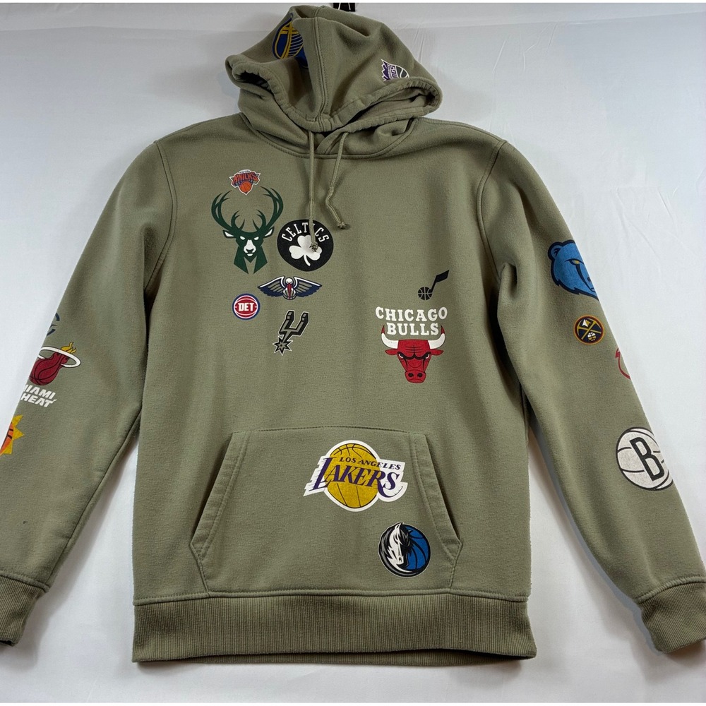 NBA All-Over Team Logo Pullover Hoodie Mens Medium Olive Green Good Condition